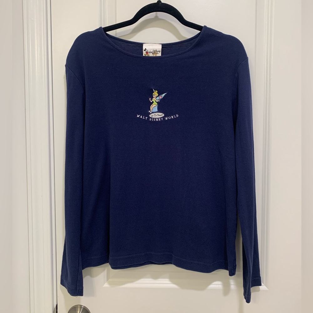Vintage Disney World Womens Navy Embroidered Tinker Bell Long Sleeve Shirt Large